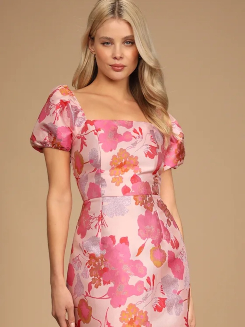 Lulus So Stunning Light Pink Floral Jacquard Puff Sleeve Mini Dress - Picture 2 of 4